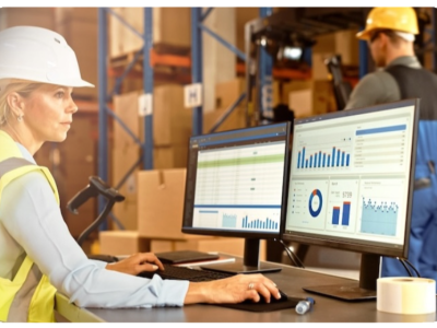 A woman wearing a hi-vis vest and a hard hat sitting at a computer in a warehouse looking at reports