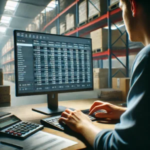 Image of a man sitting at a desk looking at a spreadsheet. He is in a warehouse.