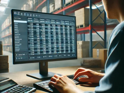 Image of a man sitting at a desk looking at a spreadsheet. He is in a warehouse.